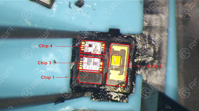the vulnerabilities of face id: why face id can be easily damaged and hardly repaired? Chip 1 is an unencrypted chip. Since some repair technicians have replaced it before, our guess is that chip 1 might be a boost chip or an EEPROM chip. So chip 2, chip 3, or chip 4 might be the encrypted chip. Still, due to the difficulty of replacing, no one has verified that. As you can see, with thousands of components integrated, the composition of the flood illuminator module is very precise. Chip 2 is the flood illuminator. Chip 3 and Chip 4 are proximity sensors that are responsible for receiving and transmitting respectively. The infrared light emitted from the two proximity sensors could be a single dot or a single set of dots. Independent of each other, the three chips are indispensable. And this is what you should know about the flood illuminator module.