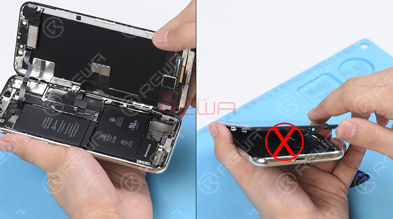 Press the suction cup firmly onto the screen, and insert the pry piece to slice through the adhesive holding the screen. Note: Do not swing the screen up from the bottom side. As the flex cables of iPhone x are mainly arranged on the right side, to avoid tearing off these cables, we need to open the phone by swinging the screen up from the left side.