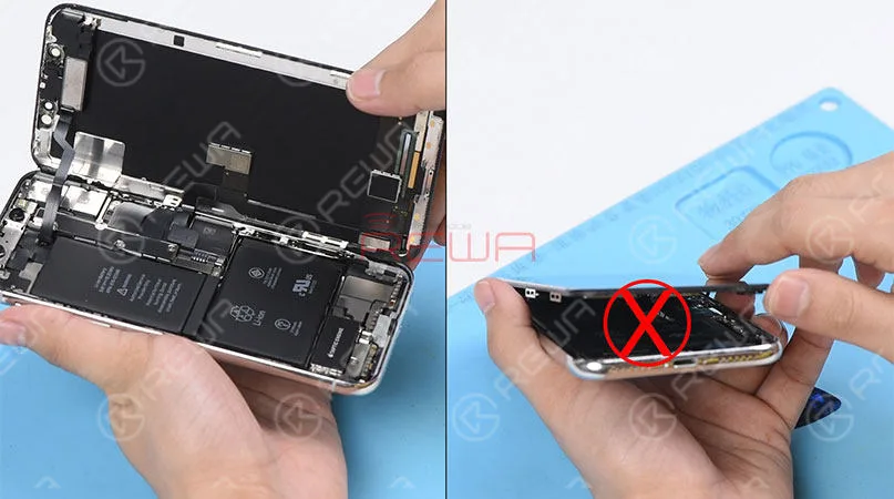 Press the suction cup firmly onto the screen, and insert the pry piece to slice through the adhesive holding the screen. Note: Do not swing the screen up from the bottom side. As the flex cables of iPhone x are mainly arranged on the right side, to avoid tearing off these cables, we need to open the phone by swinging the screen up from the left side.