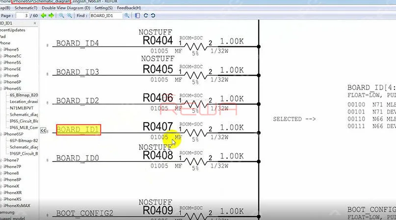 Open Refox and locate the Board ID resistor of iPhone 6s Plus. We can see 5 Board ID resistors on the schematic. R0404, R0405, R0406, R0407 and R0408. The board ID of iPhone 6s Plus is N66 MLB. Board ID resistors of iPhone 6s Plus are arranged in an array of 00110. Which means resistors on BOARD_ID1 and BOARD_ID2 should be kept. The board ID of iPhone 6s is N71 MLB. Board ID resistors of iPhone 6s are arranged in an array of 00100. Which means the resistor on BOARD_ID2 should be kept. To turn iPhone 6s Plus into iPhone 6s, all we need to do is to remove R0407 on BOARD_ID1. 