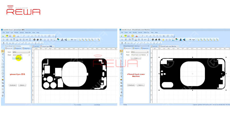 First of all, place the iPhone 11 Pro back glass under the probe for focusing. Then place the iPhone 11 Pro back glass on the operating panel.   Choose ‘iPhone 11 Pro’ from the model list and click ‘Load’ to load the drawing.   The black area on the drawing is the area to be scanned, And the white area is the area to be retained.   Tips: Compare the two drawings and we can see that different from iPhone X, there are more areas the laser should keep away from when scanning iPhone 11 Pro. 