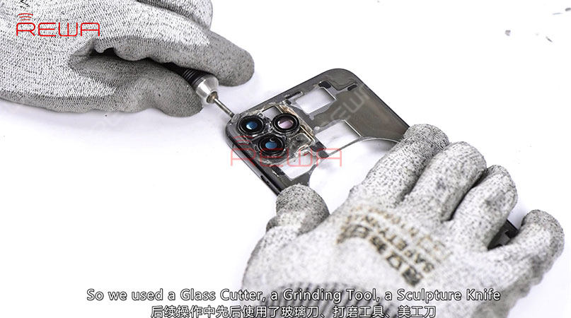 Now we need to separate the back glass from the mid-frame. The scanned back glass can be separated easily. However, the glass around the triple-lens camera needs further operation. Our commonly used tools failed to remove the glass here, so we used a glass cutter, a grinding tool, a Sculpture Knife and a Cutting Nipper to remove the glass around the triple-lens camera. At the last, once completed, remove residual black adhesive with the Laser Machine. 