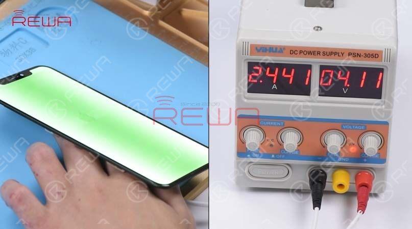 Connect an iPhone XS Max display assembly with the motherboard, and connect the battery connector with the DC Power Supply. Get the motherboard powered on with tweezers. We can see that the screen comes with abnormal display and the boot current is larger than normal value. 