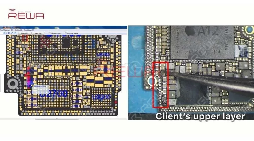 iphone xs max bildschirm flackern beheben Befestigen Sie die obere Schicht auf dem PCB-Halter. Öffnen Sie REFOX und suchen Sie die GPU-Schaltung des iPhone XS Max. Vergleichen Sie die obere Schicht, mit der wir es zu tun haben, mit der auf der Bitmap. Wir stellen fest, dass es sich um eine obere Schicht des iPhone XS handelt und nicht wie beschrieben um eine obere Schicht des iPhone XS Max.