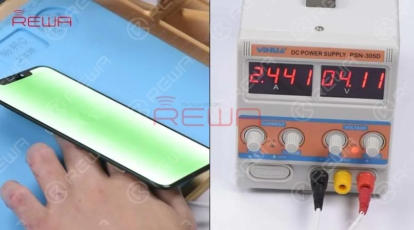 iphone xs max bildschirm flackern beheben Verbinden Sie eine iPhone XS Max-Display-Baugruppe mit der Hauptplatine, und verbinden Sie den Batterieanschluss mit dem Gleichstromnetzteil. Schalten Sie die Hauptplatine mit einer Pinzette ein. Wir können sehen, dass der Bildschirm mit abnormalen Anzeige kommt und der Boot-Strom ist größer als normaler Wert.