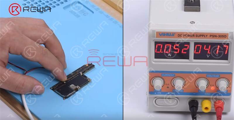 Connect the battery connector with the DC Power Supply and get the motherboard powered on with tweezers. The boot current reading is larger than normal value.  Judging by this, circuits on the motherboard might have shorted.