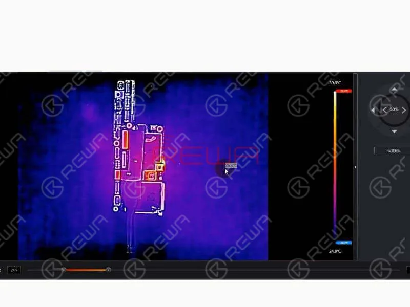 Halten Sie die Hauptplatine unter die Wärmebildkamera. Schalten Sie die Hauptplatine ein. Wir können deutlich sehen, dass C2647 extrem heiß ist. Demnach ist C2647 wahrscheinlich beschädigt.