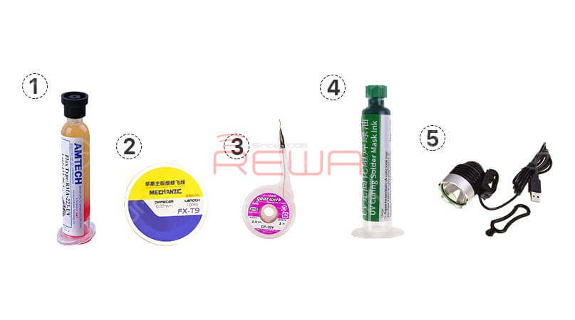 1.BGA Flux Paste 2.Solder Wire Kit 3.Desoldering Wick 4.UV Curable Solder Mask 5.USB Ultraviolet Light UV Glue Curing Lamp  