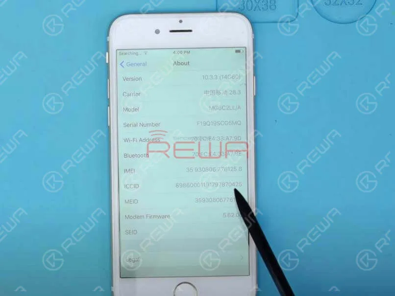 iphone 6 keeps searching for signal - logic board repair Power on. Signal bars in the upper-left corner have been replaced by ‘Searching…’. Go to Settings>General>About. Normal ICCID, which indicates that SIM card can be read. IMEI, MEID and Modem Firmware are also normal. Which indicates that baseband circuit is in normal state.