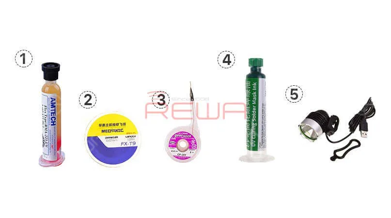 restauration de l'iPhone X : guide étape par étape pour les professionnels 1. Pâte de flux BGA2. Kit de fil à souder3. Tresse à dessouder4. Masque de soudure photodurcissable aux UV5. Lampe UV USB pour le durcissement de colle UV