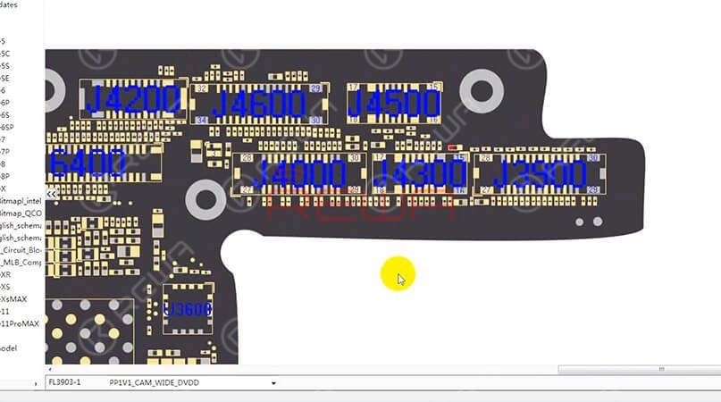  Ensuite, nous devons ouvrir la carte des points et trouver les informations pertinentes sur les composants. Nous recommandons ici d'utiliser REFOX. Un logiciel bitmap concis et fluide qui fournit des schémas et des fichiers de cartes fiables pour la réparation des cartes mères Apple/Samsung/Huawei (jusqu'à présent).