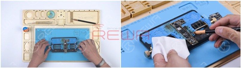 Fije la capa inferior al soporte de la placa de circuito impreso y retire la grasa térmica.
