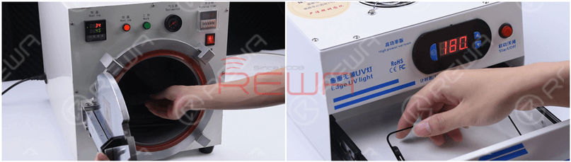 Put the glass lens with OCA adhesive into the Bubble Removing Machine for 3 minutes. Then put it into the UV Lamp for Curing OCA Glue for 5 seconds.