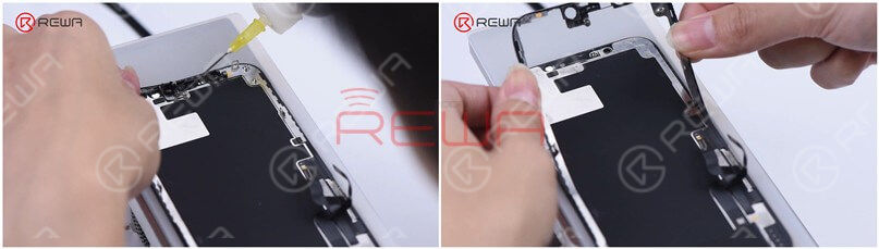 As the ear speaker flex cable part has more adhesive, we can dip more adhesive remover to make it loose. Hold the two corners of the bezel in both hands, and detach the bezel slowly with caution. Our original thought was to separate the bezel in a complete manner and then reuse it. But now the bezel is broken here. So please notice that this part of the bezel is made of plastic material, which is extremely easy to break. If you want to separate the bezel completely, you need to pay extra attention.
