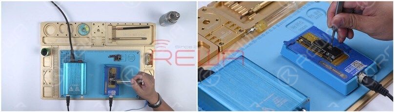 iphone x lässt sich nicht einschalten? mit großem Bootstrom beheben Tragen Sie eine kleine Menge Pastenflussmittel auf. Richten Sie die Logikplatine mit der Signalplatine aus und legen Sie sie bei 170 ℃ auf die Heizplattform.