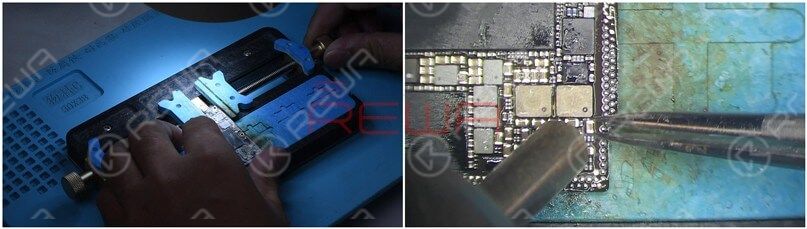 iphone x lässt sich nicht einschalten? mit großem Bootstrom beheben Befestigen Sie die Logikplatine am PCB-Halter. Entfernen Sie dann C2990 mit QUICK 990 AD Heißluftpistole bei 360℃ und Luftstrom 3.