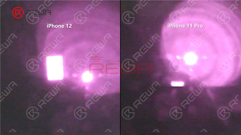 Se puede ver desde el microscopio y la lente de la cámara que el módulo del iluminador de inundación en el cable flexible del altavoz del oído es diferente. El área de iluminación del iluminador de inundación del iPhone 12 es mayor.