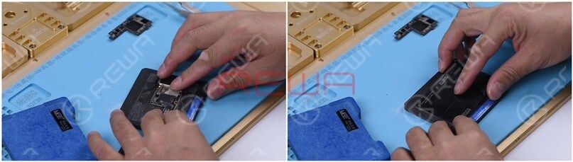 iphone x lässt sich nicht einschalten? mit großem Bootstrom beheben Befestigen Sie die Signalplatine auf der Reballing-Plattform und bringen Sie die Reballing-Schablone in Position. Tragen Sie eine Schicht Niedertemperatur-Lotpaste gleichmäßig auf.
