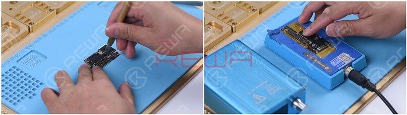 iphone x lässt sich nicht einschalten? mit großem Bootstrom beheben Schneiden Sie das Abschirmungspapier mit einem Plastikmesser durch und legen Sie die Hauptplatine auf die Heizplattform.