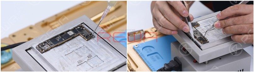 Alinee la capa superior con la capa inferior. Después de la alineación, siga calentando la placa base a 200℃. Para añadir calor adicional, el calor a lo largo del borde de la placa base con pistola de aire caliente en 320℃.