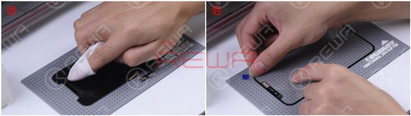 Wipe clean the OLED, and use pull tape to stick a corner of the glass lens. Press the pull tape for seconds, and then tear off the protective film of the OCA adhesive.