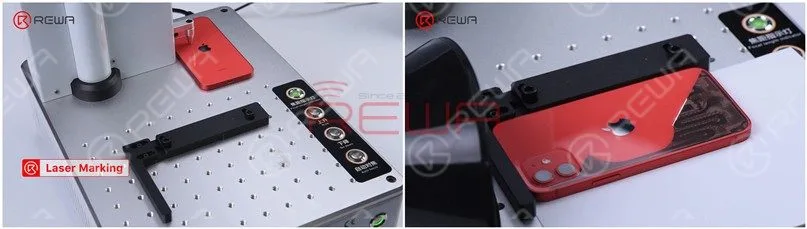 Coloque el cristal trasero del iPhone 12 bajo la sonda de posicionamiento de enfoque de la máquina de marcado láser. Después del posicionamiento, marque la zona del cristal trasero excepto la cámara y la zona de carga inalámbrica. No hemos marcado la zona de carga inalámbrica para evitar daños.