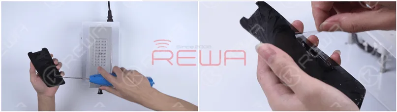 Enrolle el adhesivo OCA con la herramienta eléctrica para retirar adhesivo y retire el adhesivo OCA restante con la mano.