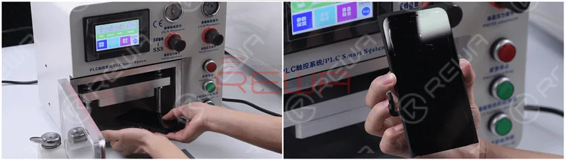 Ponemos la pantalla en la plastificadora y pulsamos "LCD laminate start". Saque la pantalla y podemos ver que hay burbujas en la pantalla.