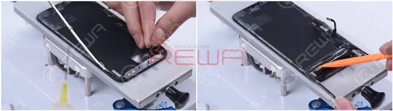 Para no inducir daños, utilizamos una película fina para retirar la parte del cable flex. Retire el bisel, y se puede ver que el adhesivo 3M utilizado en la parte del cable flexible del bisel ya no es el adhesivo frío. El adhesivo 3M hace que el bisel sea relativamente fácil de quitar.