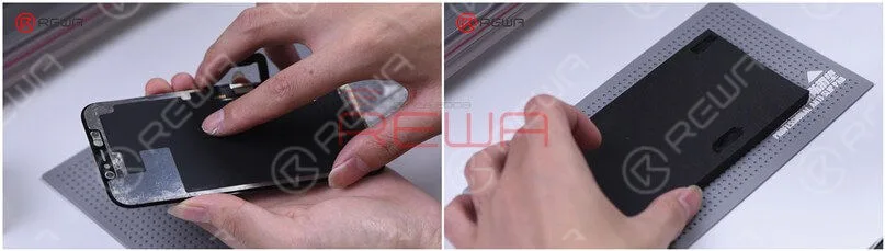 Dado que el molde de alineación del iPhone 12 aún no ha salido, utilizamos la alineación manual. Después de la alineación, coloque la pantalla en la esponja de laminación. Tenga en cuenta que dos ranuras se cortan en la esponja con el fin de evitar daños OLED.