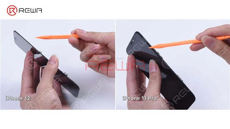 Podemos ver que el iPhone 12 tiene un bisel más estrecho que el iPhone 11 Pro, por lo que el bisel del iPhone 12 puede ser un poco más fácil de desmontar. Además, el bisel del iPhone 12 ya no envuelve la lente de cristal. Por lo tanto, los requisitos de material para el adhesivo del bisel serán relativamente altos para evitar que se caiga. Para profundizar, vamos a restaurar la pantalla del iPhone 12.