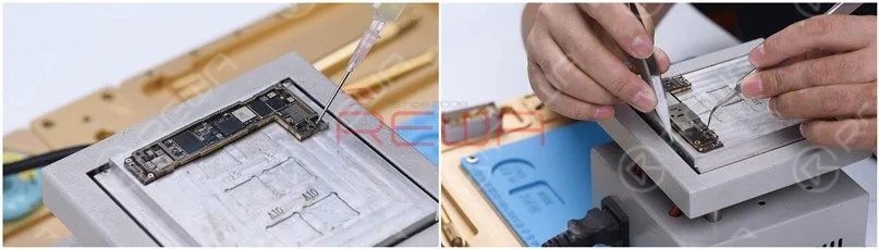 Apply some Paste Flux to the bonding pad evenly.Align the upper layer with the lower layer. After the alignment, keep heating the motherboard at 200℃. To add extra heat, heat along the edge of the motherboard with Hot Air Gun at 320℃.