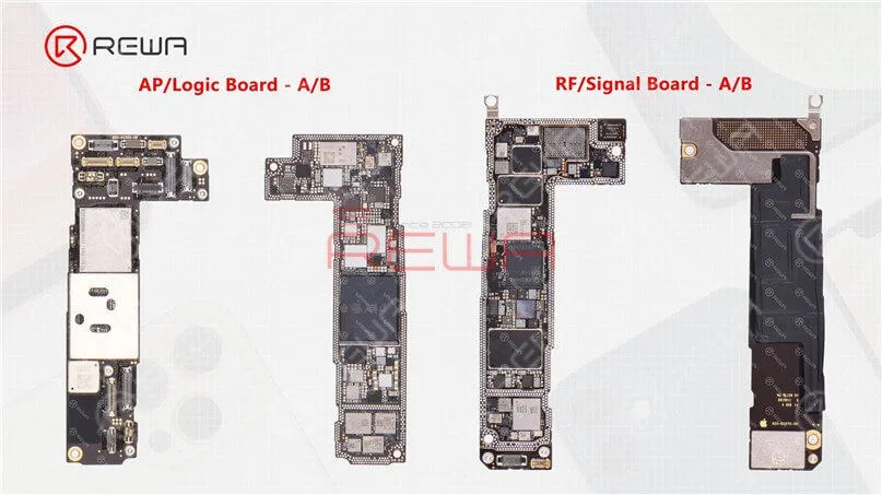 As we mentioned in our previous video, the motherboard of the iPhone 12 and iPhone 12 Pro is almost identical in appearance with the double-stacked soldering. The sole difference is that the connecting part of the LiDAR Scanner on the iPhone 12 motherboard has no stuff. Beyond that, we can see two empty parts on the upper layer after separation. The two parts are additionally reserved for the Camera PMU2 and LiDAR PMU on the iPhone 12 Pro motherboard.