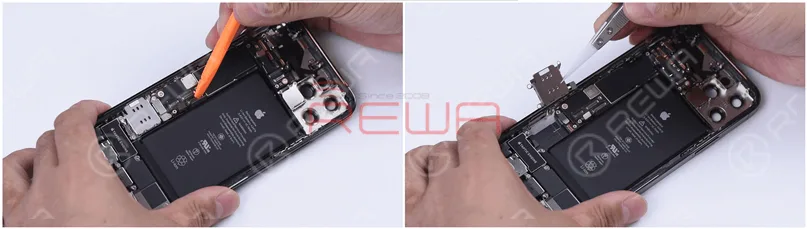 Hier kommt das Flexkabel des Lightning-Anschlusses. Darüber hinaus ist der SIM-Kartenhalter des iPhone 12 Pro ein eigenständiges Design, das über ein Flexkabel mit der Hauptplatine verbunden ist.
