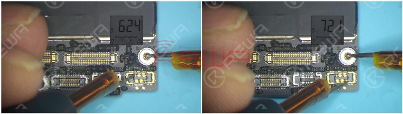 Run diode mode measurement of Pin 2 and Pin 3 on the battery connector J3200. The measured value is normal.