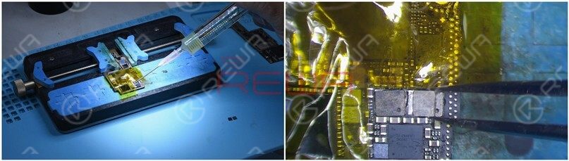 Continue to apply some paste flux to the two bonding pads. Get the two inductors in the right position, and solder with QUICK 990AD Hot Air Gun at 360℃ and airflow 3.