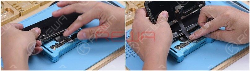 Get the charging port flex cable connected. Then get the screen and the battery connected.