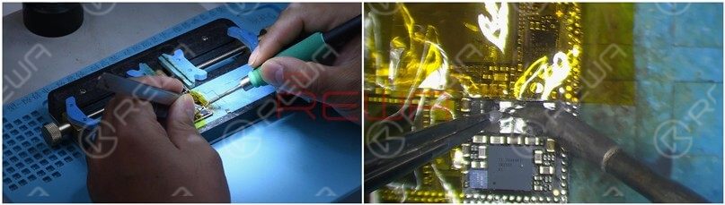 Continue to apply some medium-temp solder paste to the two bonding pads. Tin the two bonding pads with Soldering Iron at 365℃. Then clean black adhesive on the bonding pad.