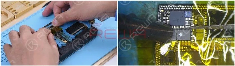 L3341 und L3340 sind in der Schaltung in Reihe geschaltet. Der offene Stromkreis deutet darauf hin, dass die beiden Induktivitäten pseudolotiert oder beschädigt sein könnten. Wir müssen die beiden beschädigten Spulen durch neue ersetzen. Befestigen Sie die obere Lage auf dem Leiterplattenhalter und kleben Sie Hochtemperaturklebeband auf die umliegenden Komponenten. Erhitzen Sie mit der QUICK 990AD Heißluftpistole bei 300℃ und Luftstrom 3. Entfernen Sie den schwarzen Kleber um die beiden Induktivitäten.