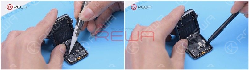 apple watch series 3 glass replacement Peel off the tape covering the display flex cables with tweezers. Please do not damage the flex cables while peeling off. Then disconnect the flex cables.