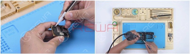 Remove foam on the motherboard. Then heat the back of the motherboard with Hot Air Gun at 240℃ to remove the shielding paper.