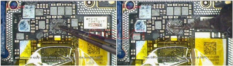 iphone x ohne service: lösung für profis Tragen Sie weiterhin Lötpaste und Flussmittelpaste auf das Klebepad auf. Reinigen Sie das Klebepad mit dem Lötkolben bei 360℃.