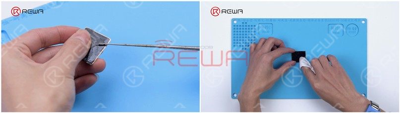 Then we remove the OCA adhesive with the Electric Adhesive Removing Tool and clean the OLED with N-hexane.