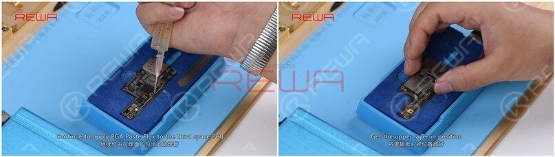 iphone x ohne service: lösung für profis Tragen Sie weiterhin BGA Paste Flux auf das Bonding Pad auf. Bringen Sie die obere Lage in Position und schalten Sie die Heizplattform ein.