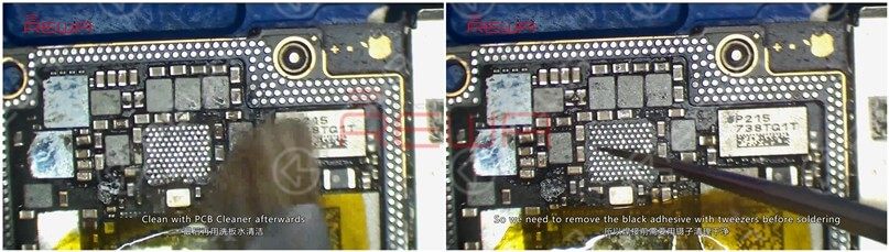 iphone x ohne service: lösung für profis Mit der Heißluftpistole bei 330℃ weiter erhitzen und das Klebepad mit Solder Wick reinigen. Reinigen Sie anschließend mit PCB Cleaner. Um das Klebepad von U_PMIC_E befindet sich schwarzer Klebstoff. Daher müssen wir den schwarzen Klebstoff vor dem Löten mit einer Pinzette entfernen.