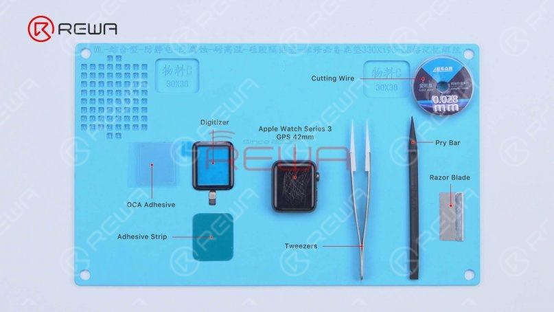 apple watch series 3 glass replacement The tools and supplies needed are digitizer, OCA adhesive, adhesive strip, cutting wire, tweezers, pry bar, and razor blade.