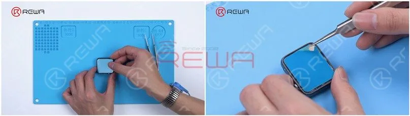 Lastly, we install the screen on the watch. Attach the adhesive strip to the frame and peel off the protective film.