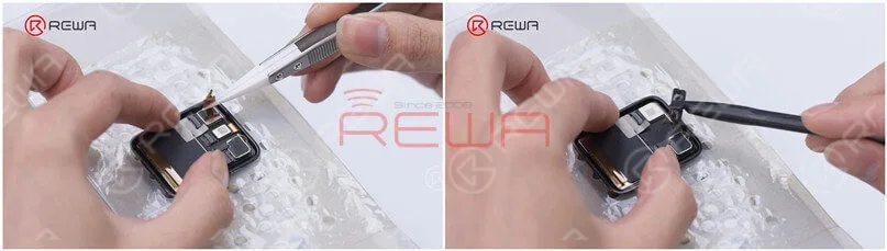 Next, we need to pry up the connector of the touch flex cable. Put the screen on the Heating Platform at 120℃ for 30 seconds. After heating, peel off the tape with tweezers and pry up the connector.