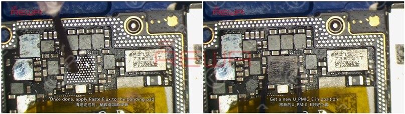 iphone x ohne service: lösung für profis Tragen Sie anschließend Flussmittelpaste auf das Klebepad auf. Bringen Sie ein neues U_PMIC_E in Position und löten Sie mit der Heißluftpistole bei 330℃, Luftstrom 3.