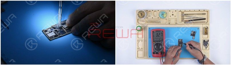 Clean rosin on the signal board with PCB Cleaner. Run a second diode mode measurement. The diode value returns to a normal value of 327.